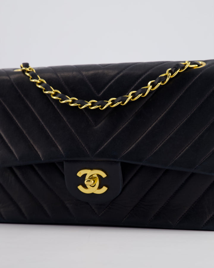 Top Quality Chanel Navy Vintage Classic Medium Chevron Double Flap Bag in Lambskin Leather with 24K Gold Hardware