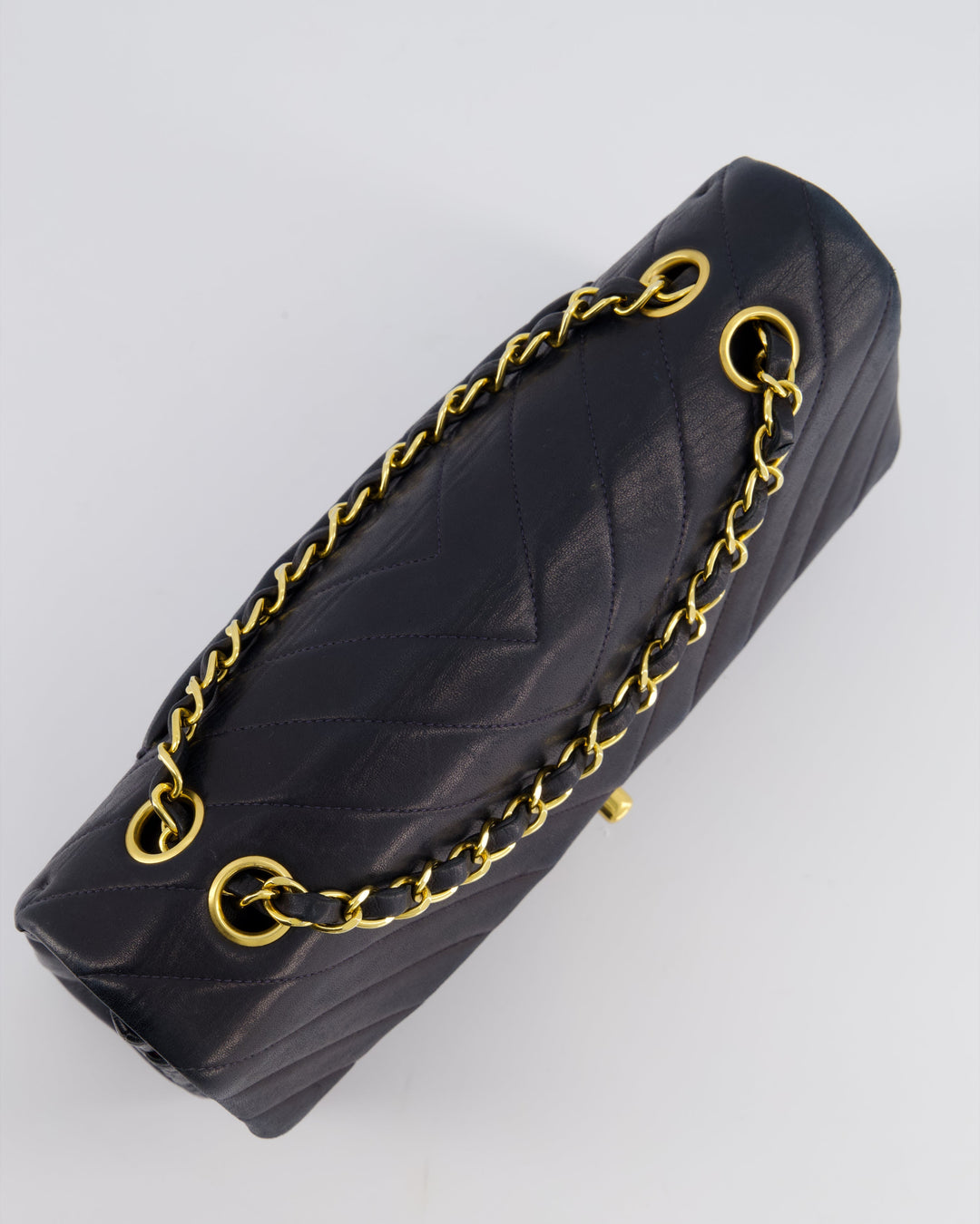 Top Quality Chanel Navy Vintage Classic Medium Chevron Double Flap Bag in Lambskin Leather with 24K Gold Hardware