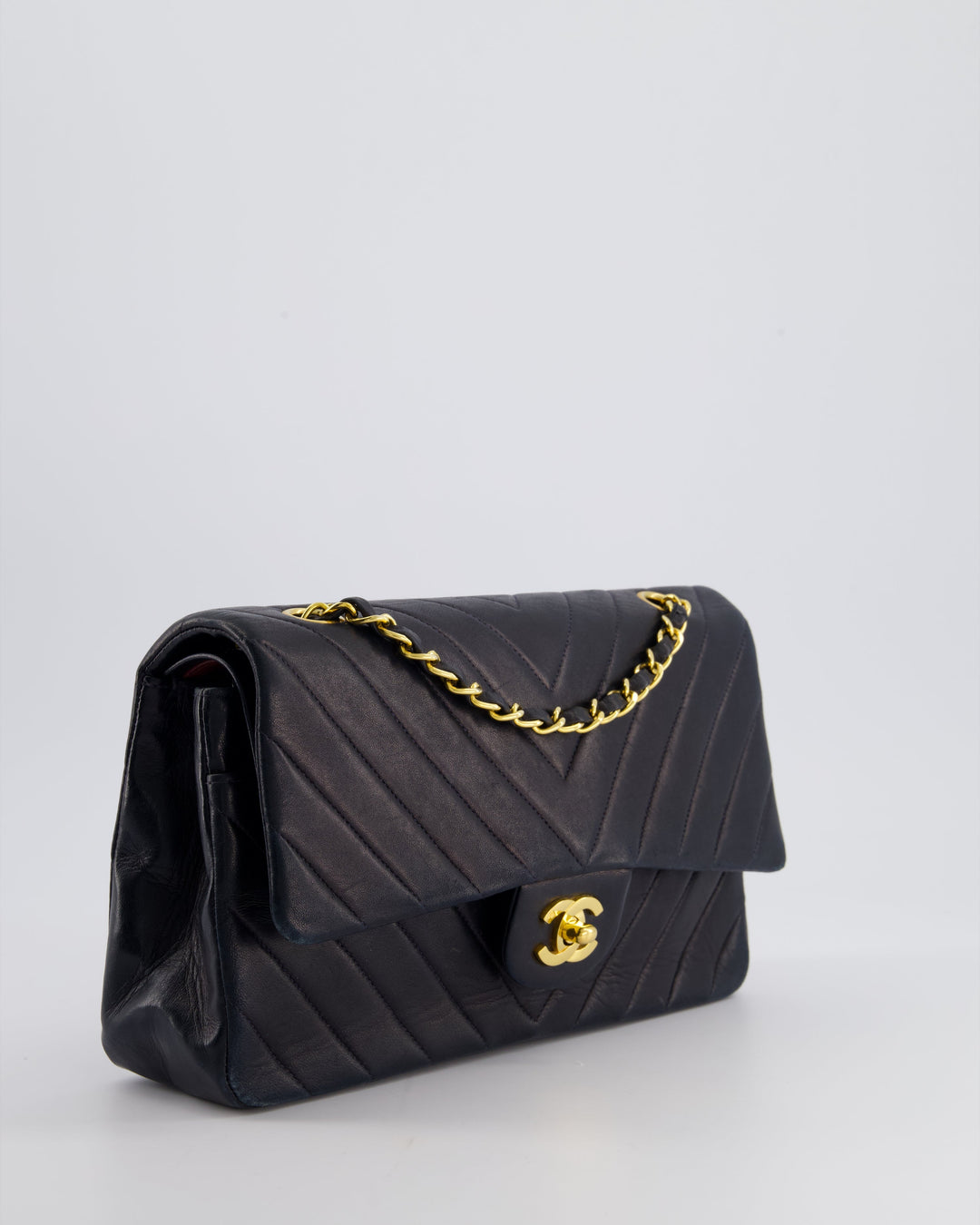 Top Quality Chanel Navy Vintage Classic Medium Chevron Double Flap Bag in Lambskin Leather with 24K Gold Hardware