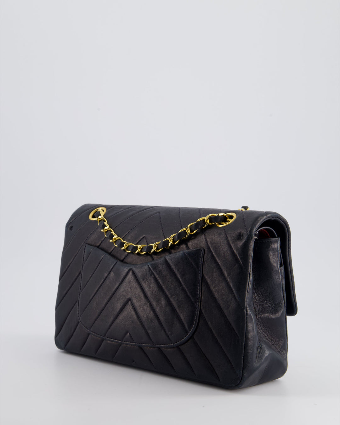Top Quality Chanel Navy Vintage Classic Medium Chevron Double Flap Bag in Lambskin Leather with 24K Gold Hardware