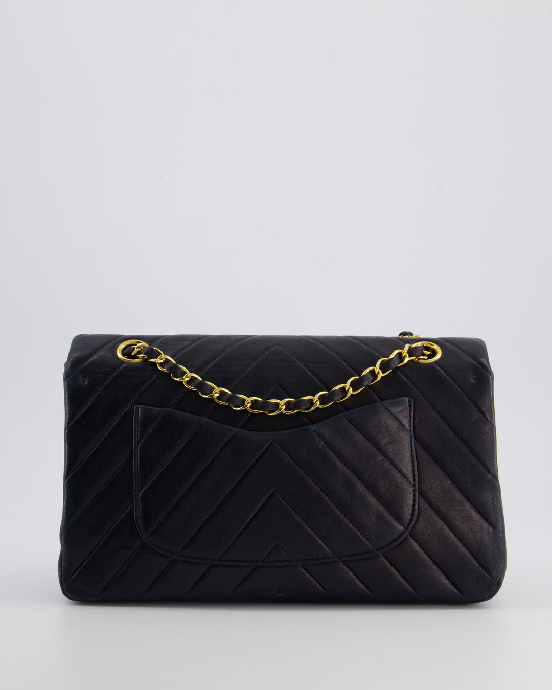 Top Quality Chanel Navy Vintage Classic Medium Chevron Double Flap Bag in Lambskin Leather with 24K Gold Hardware