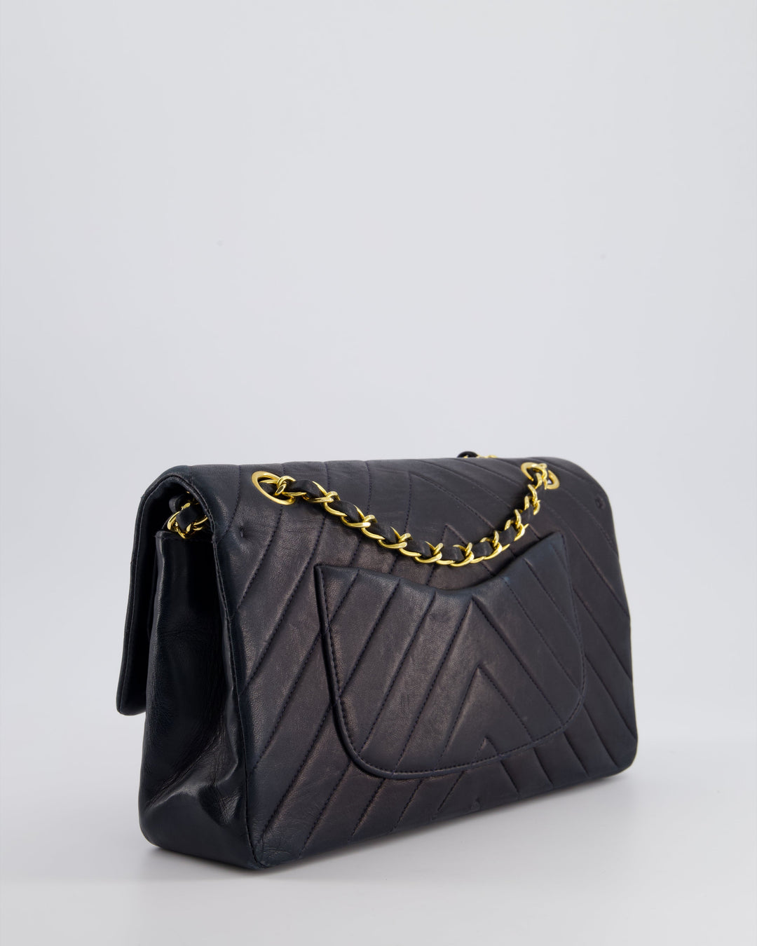 Top Quality Chanel Navy Vintage Classic Medium Chevron Double Flap Bag in Lambskin Leather with 24K Gold Hardware