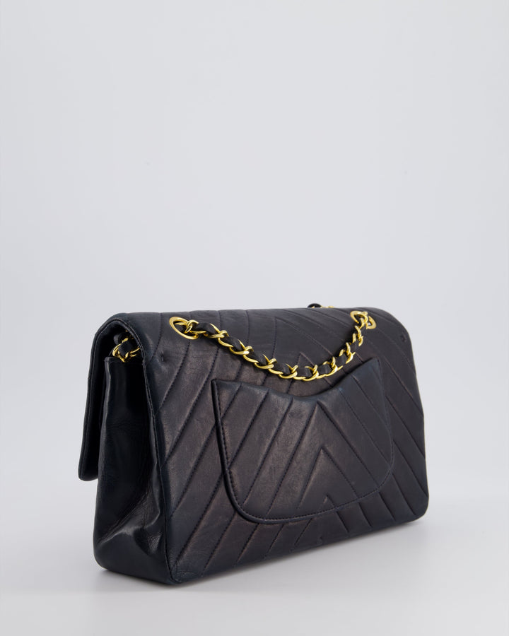 Top Quality Chanel Navy Vintage Classic Medium Chevron Double Flap Bag in Lambskin Leather with 24K Gold Hardware