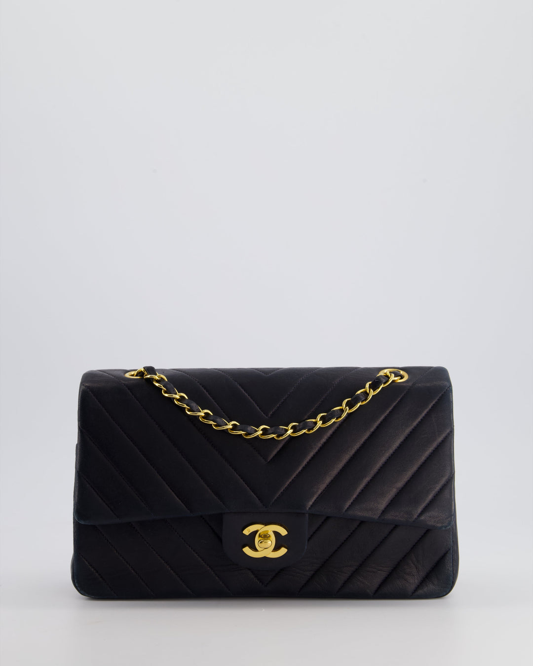 Top Quality Chanel Navy Vintage Classic Medium Chevron Double Flap Bag in Lambskin Leather with 24K Gold Hardware