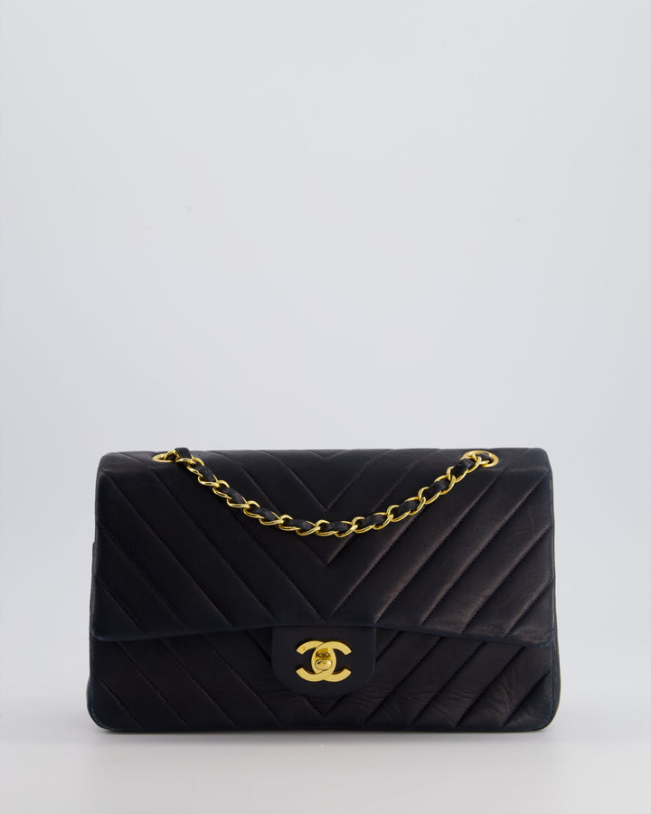 Top Quality Chanel Navy Vintage Classic Medium Chevron Double Flap Bag in Lambskin Leather with 24K Gold Hardware