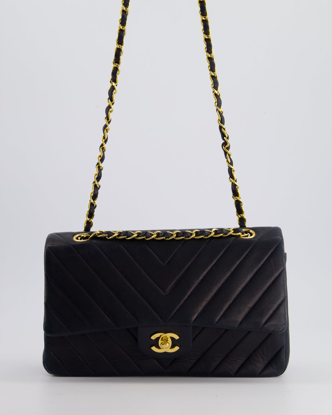 Top Quality Chanel Navy Vintage Classic Medium Chevron Double Flap Bag in Lambskin Leather with 24K Gold Hardware