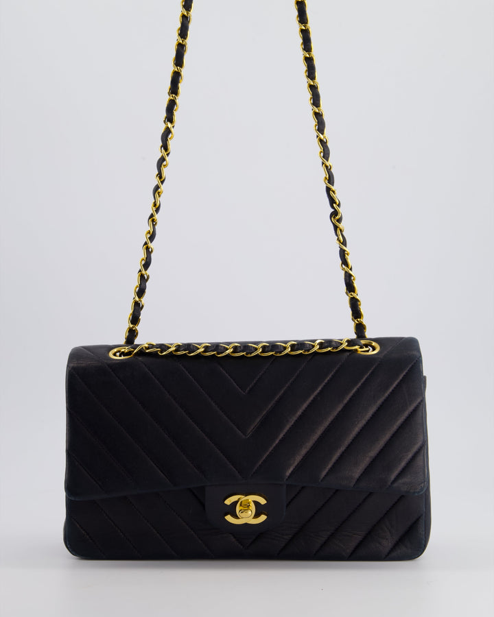 Top Quality Chanel Navy Vintage Classic Medium Chevron Double Flap Bag in Lambskin Leather with 24K Gold Hardware