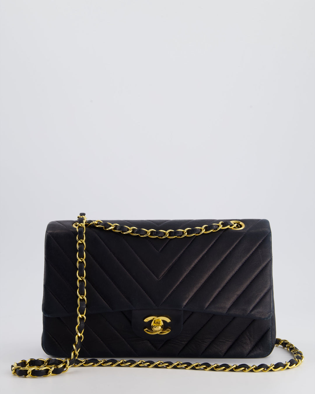 Top Quality Chanel Navy Vintage Classic Medium Chevron Double Flap Bag in Lambskin Leather with 24K Gold Hardware