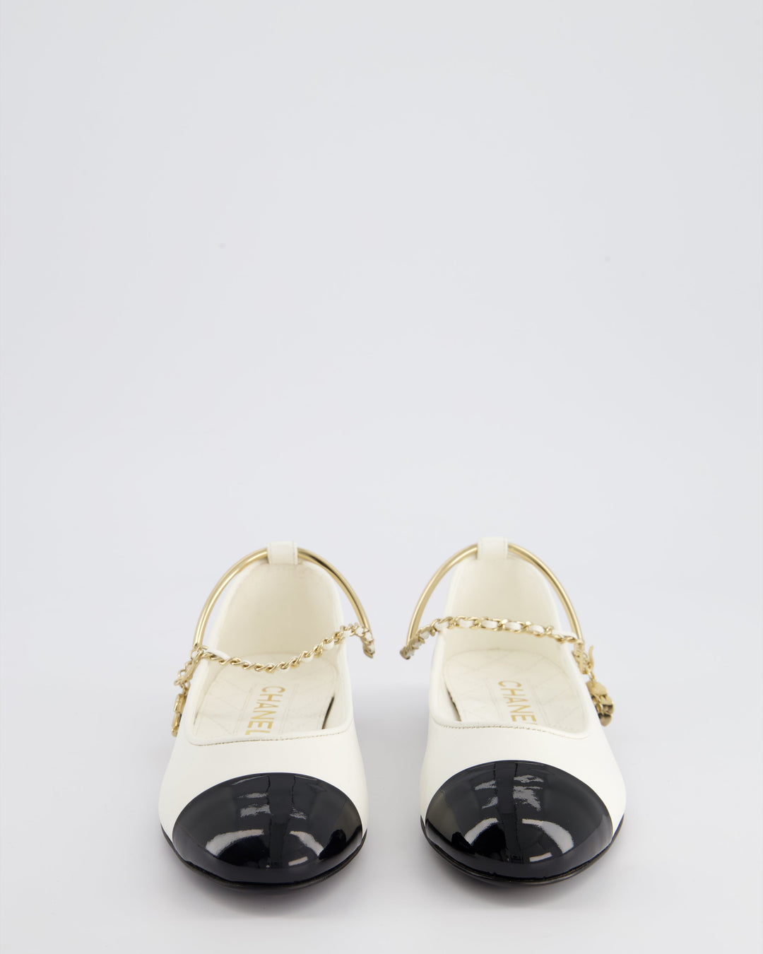 *HOT* Top Quality Chanel White Ballerina Shoes In Leather with CC Charm Ankle Strap & Black Patent Leather Toe Detail Size EU 34.5