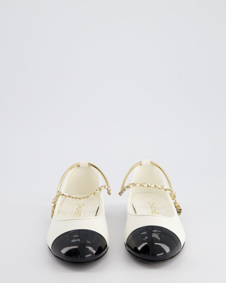 *HOT* Top Quality Chanel White Ballerina Shoes In Leather with CC Charm Ankle Strap & Black Patent Leather Toe Detail Size EU 34.5
