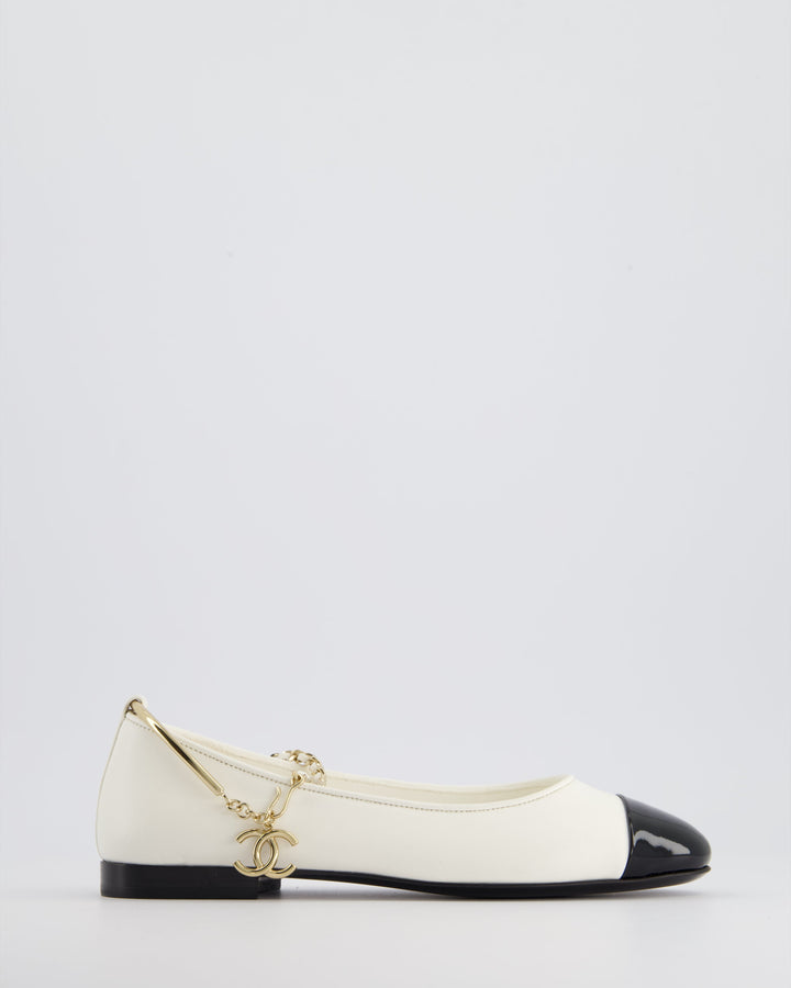 *HOT* Top Quality Chanel White Ballerina Shoes In Leather with CC Charm Ankle Strap & Black Patent Leather Toe Detail Size EU 34.5