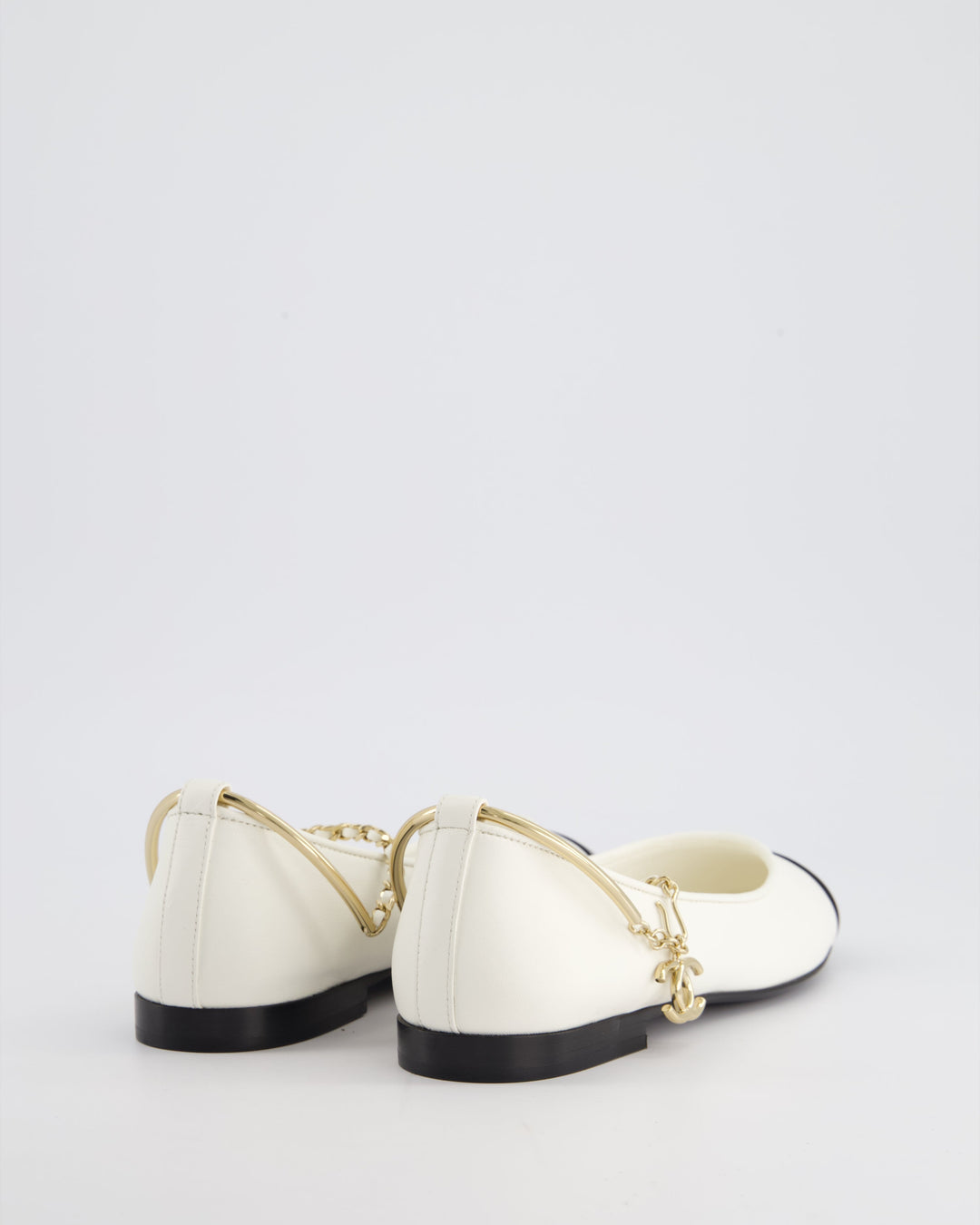 *HOT* Top Quality Chanel White Ballerina Shoes In Leather with CC Charm Ankle Strap & Black Patent Leather Toe Detail Size EU 34.5
