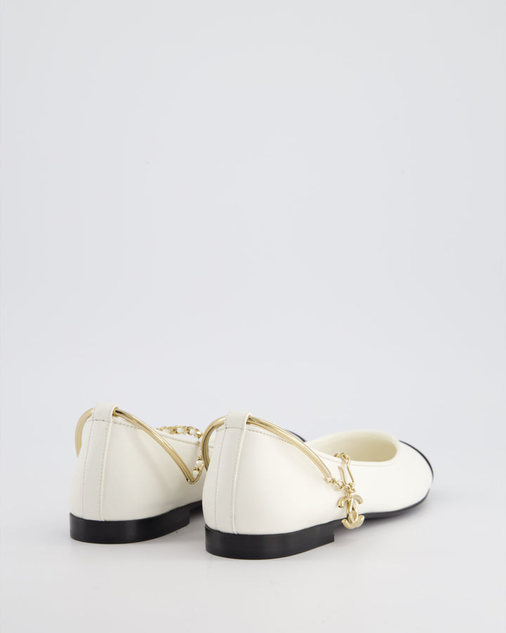 *HOT* Top Quality Chanel White Ballerina Shoes In Leather with CC Charm Ankle Strap & Black Patent Leather Toe Detail Size EU 34.5
