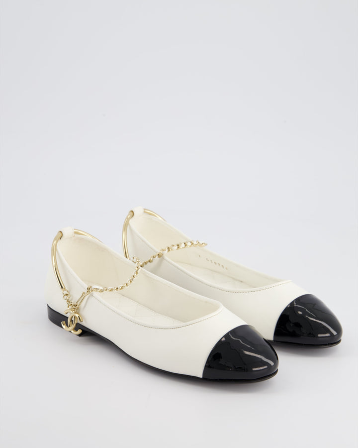 *HOT* Top Quality Chanel White Ballerina Shoes In Leather with CC Charm Ankle Strap & Black Patent Leather Toe Detail Size EU 34.5