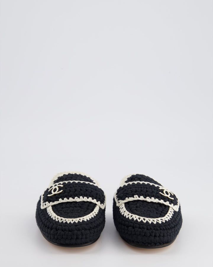 Top Quality Chanel 23S Navy & Cream Crochet Mules with Patent CC Logo Detail Size EU 35