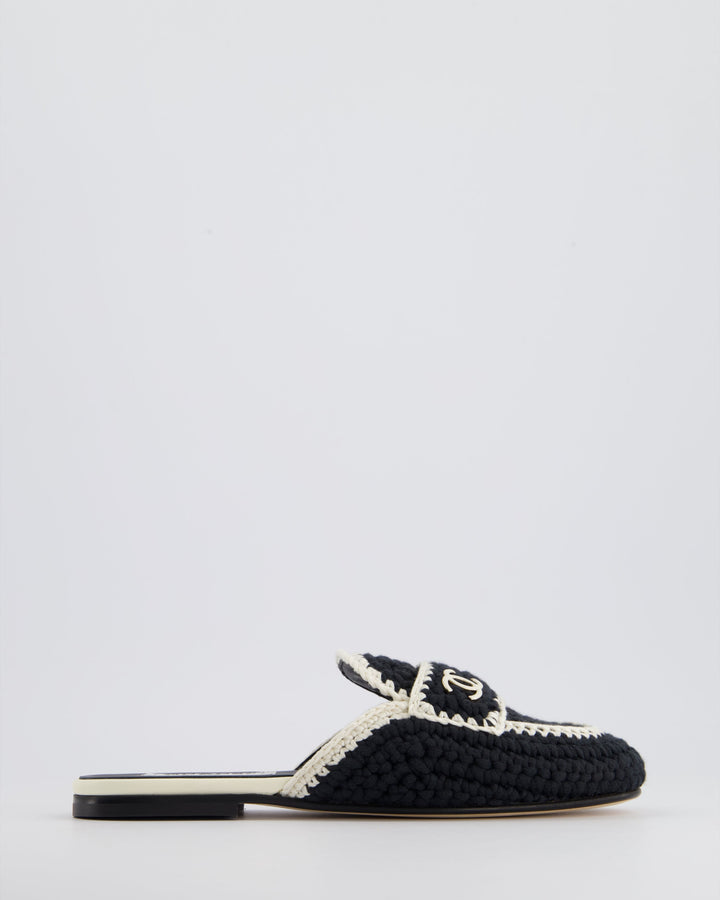 Top Quality Chanel 23S Navy & Cream Crochet Mules with Patent CC Logo Detail Size EU 35