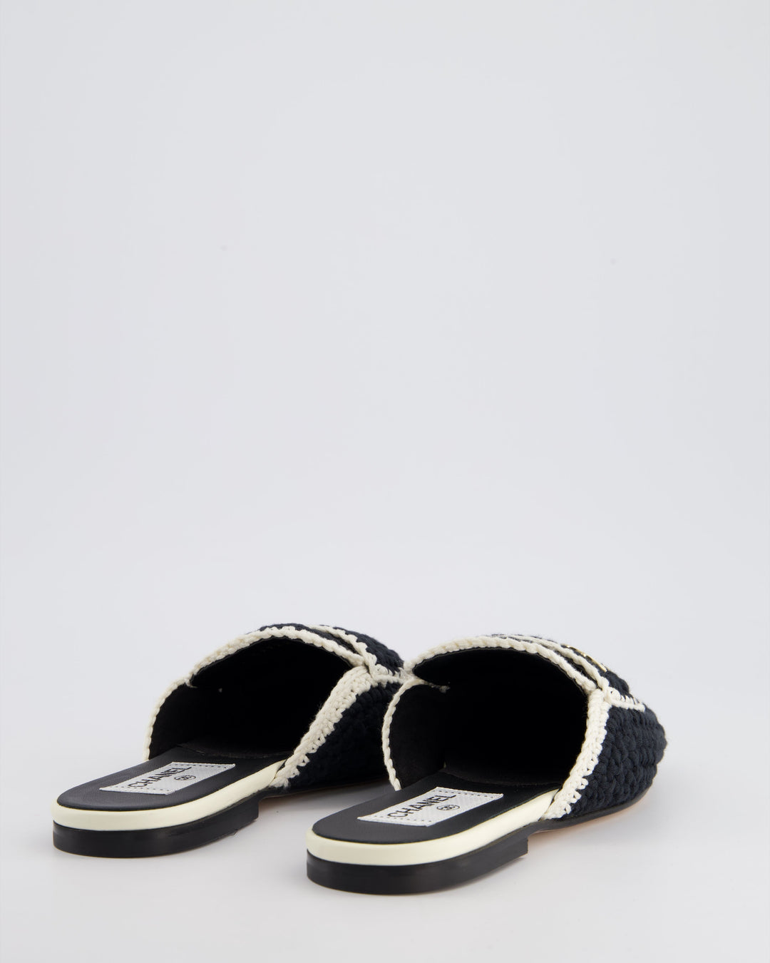 Top Quality Chanel 23S Navy & Cream Crochet Mules with Patent CC Logo Detail Size EU 35
