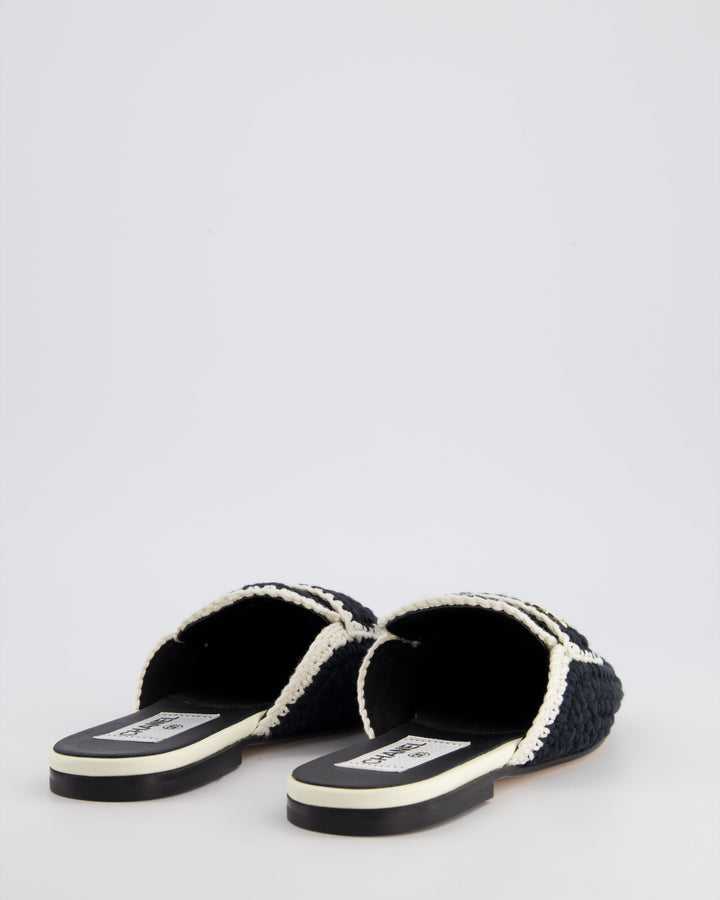 Top Quality Chanel 23S Navy & Cream Crochet Mules with Patent CC Logo Detail Size EU 35