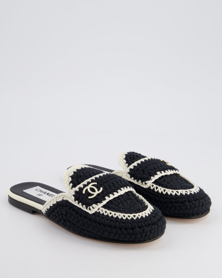 Top Quality Chanel 23S Navy & Cream Crochet Mules with Patent CC Logo Detail Size EU 35