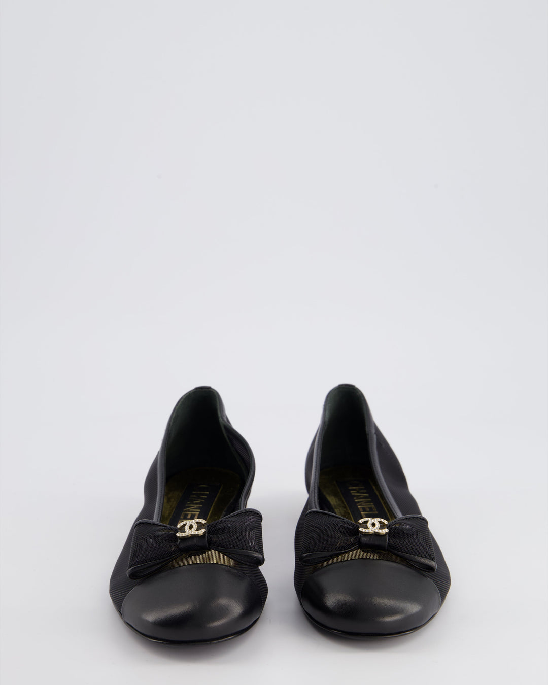 *HOT* Top Quality Chanel Black Ballerina Shoes in Mesh & Leather with Crystal CC Logo Size EU 35