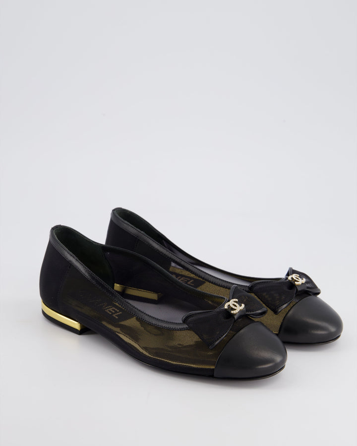 *HOT* Top Quality Chanel Black Ballerina Shoes in Mesh & Leather with Crystal CC Logo Size EU 35
