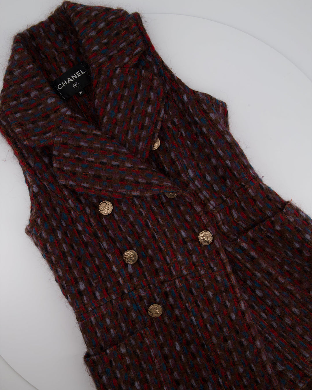 Top Quality Chanel 16P Mohair Red & Blue Tweed Gilet Jacket With Bronze Button Detail Size FR 36 (UK 8)