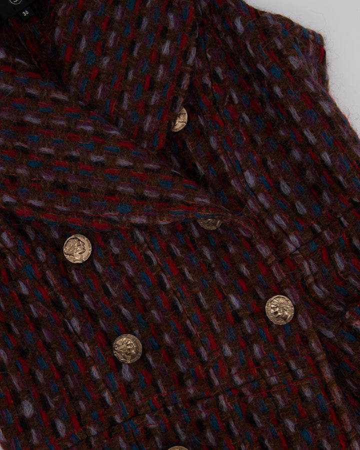 Top Quality Chanel 16P Mohair Red & Blue Tweed Gilet Jacket With Bronze Button Detail Size FR 36 (UK 8)