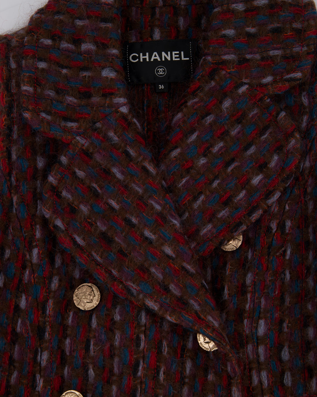Top Quality Chanel 16P Mohair Red & Blue Tweed Gilet Jacket With Bronze Button Detail Size FR 36 (UK 8)