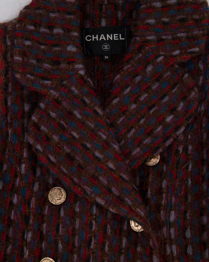 Top Quality Chanel 16P Mohair Red & Blue Tweed Gilet Jacket With Bronze Button Detail Size FR 36 (UK 8)