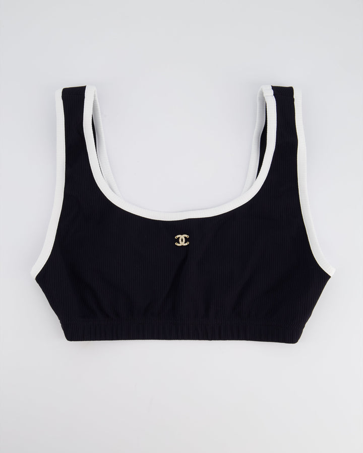Top Quality Chanel 22S Black Two Piece Swim Suit Set with White Trim and Crystal CC Logo Detail Size Top FR 36 (UK 8) Bottoms FR 34 (UK 6)