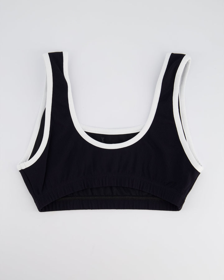 Top Quality Chanel 22S Black Two Piece Swim Suit Set with White Trim and Crystal CC Logo Detail Size Top FR 36 (UK 8) Bottoms FR 34 (UK 6)