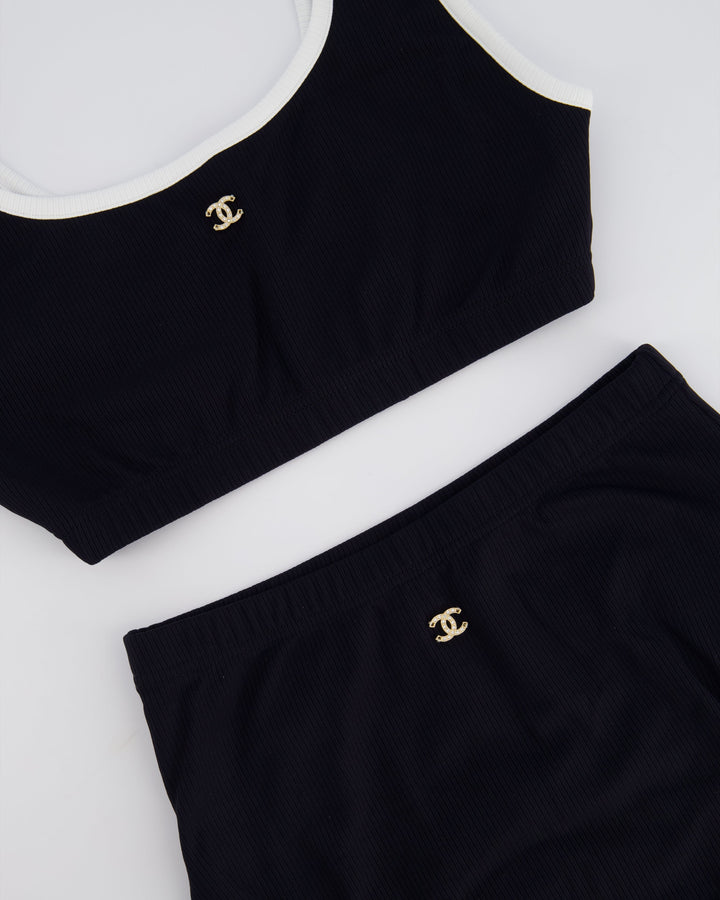 Top Quality Chanel 22S Black Two Piece Swim Suit Set with White Trim and Crystal CC Logo Detail Size Top FR 36 (UK 8) Bottoms FR 34 (UK 6)