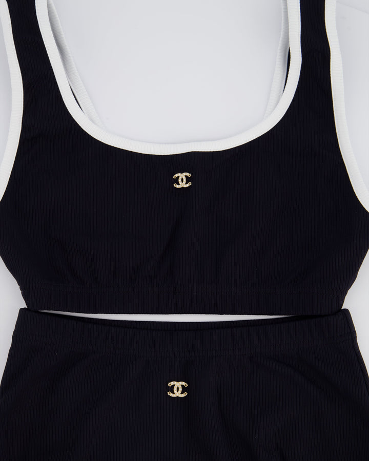 Top Quality Chanel 22S Black Two Piece Swim Suit Set with White Trim and Crystal CC Logo Detail Size Top FR 36 (UK 8) Bottoms FR 34 (UK 6)