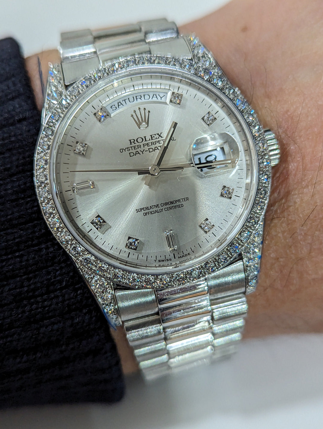 18k W Gold Rolex Day-Date Wristwatch, all factory Diamonds, RARE Ref. 18389