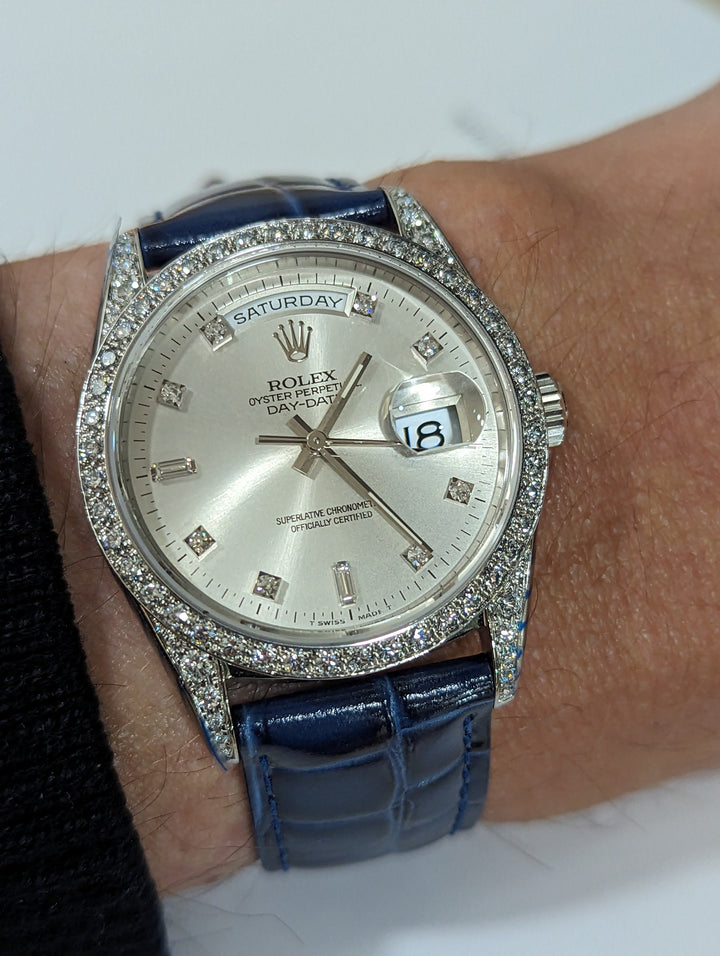 18k W Gold Rolex Day-Date Wristwatch, all factory Diamonds, RARE Ref. 18389