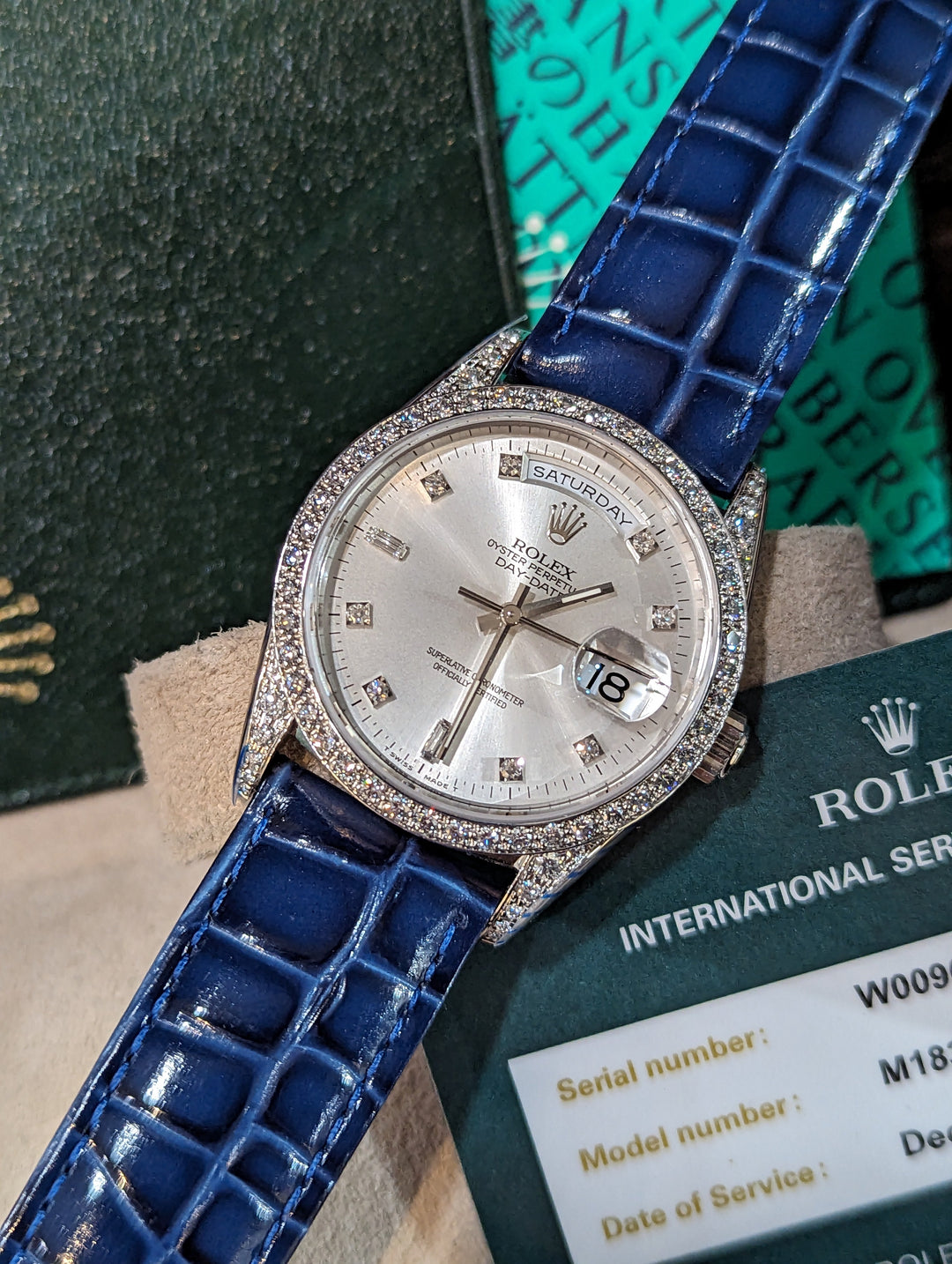 18k W Gold Rolex Day-Date Wristwatch, all factory Diamonds, RARE Ref. 18389