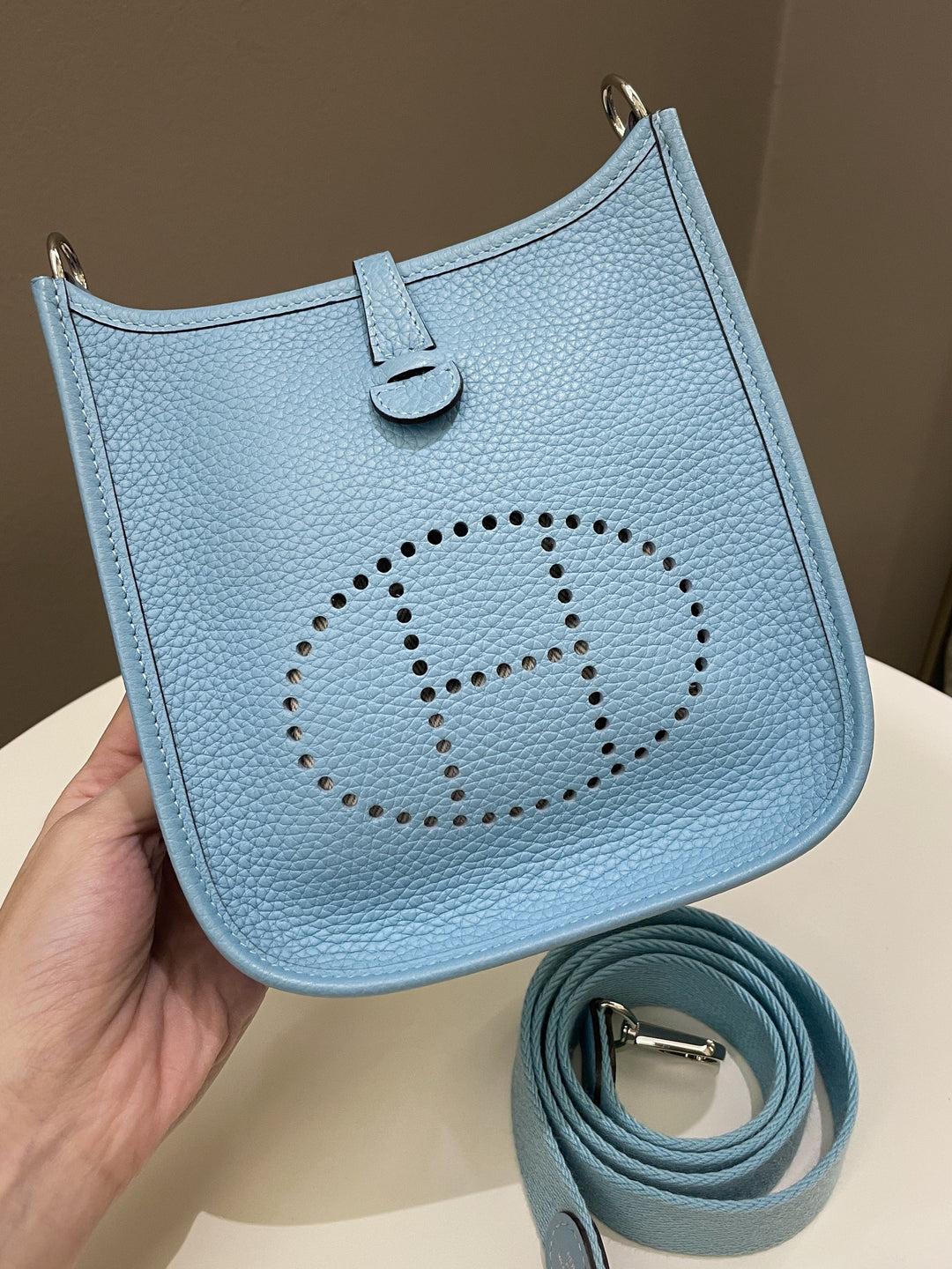 Top quality Hermes Mini Evelyne Bleu Atoll Clemence