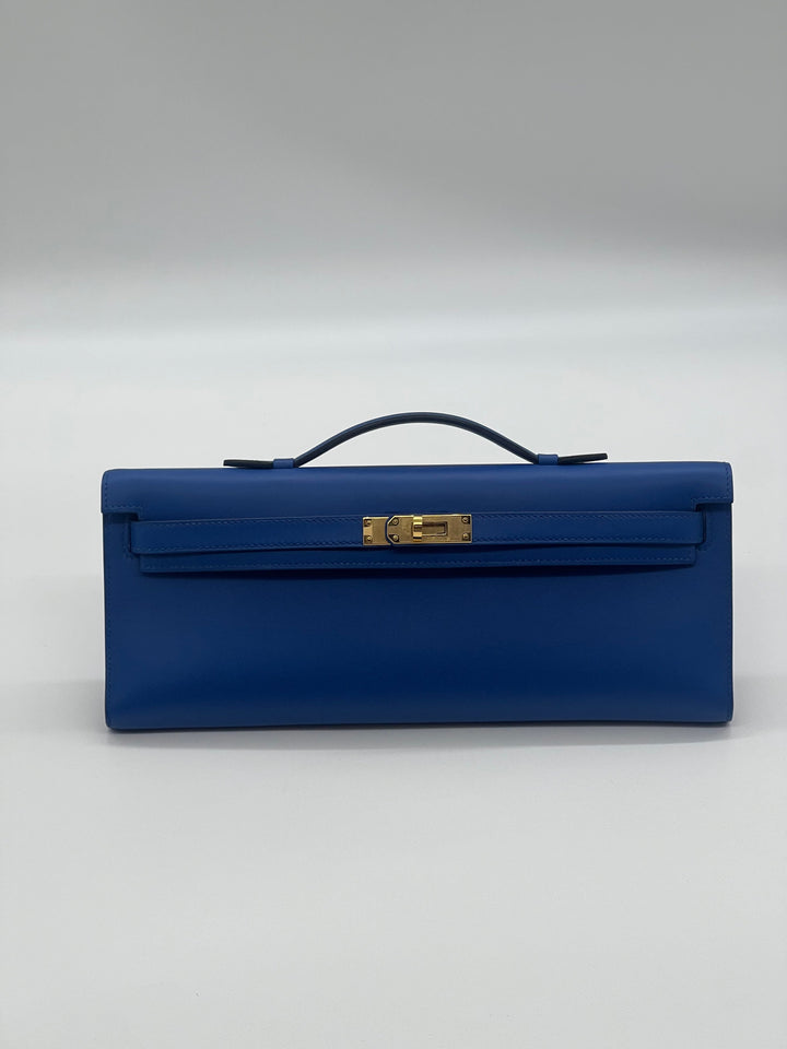 Top quality Hermes Kelly Cut Clutch Swift Calfskin Bleu France Gold Hardware