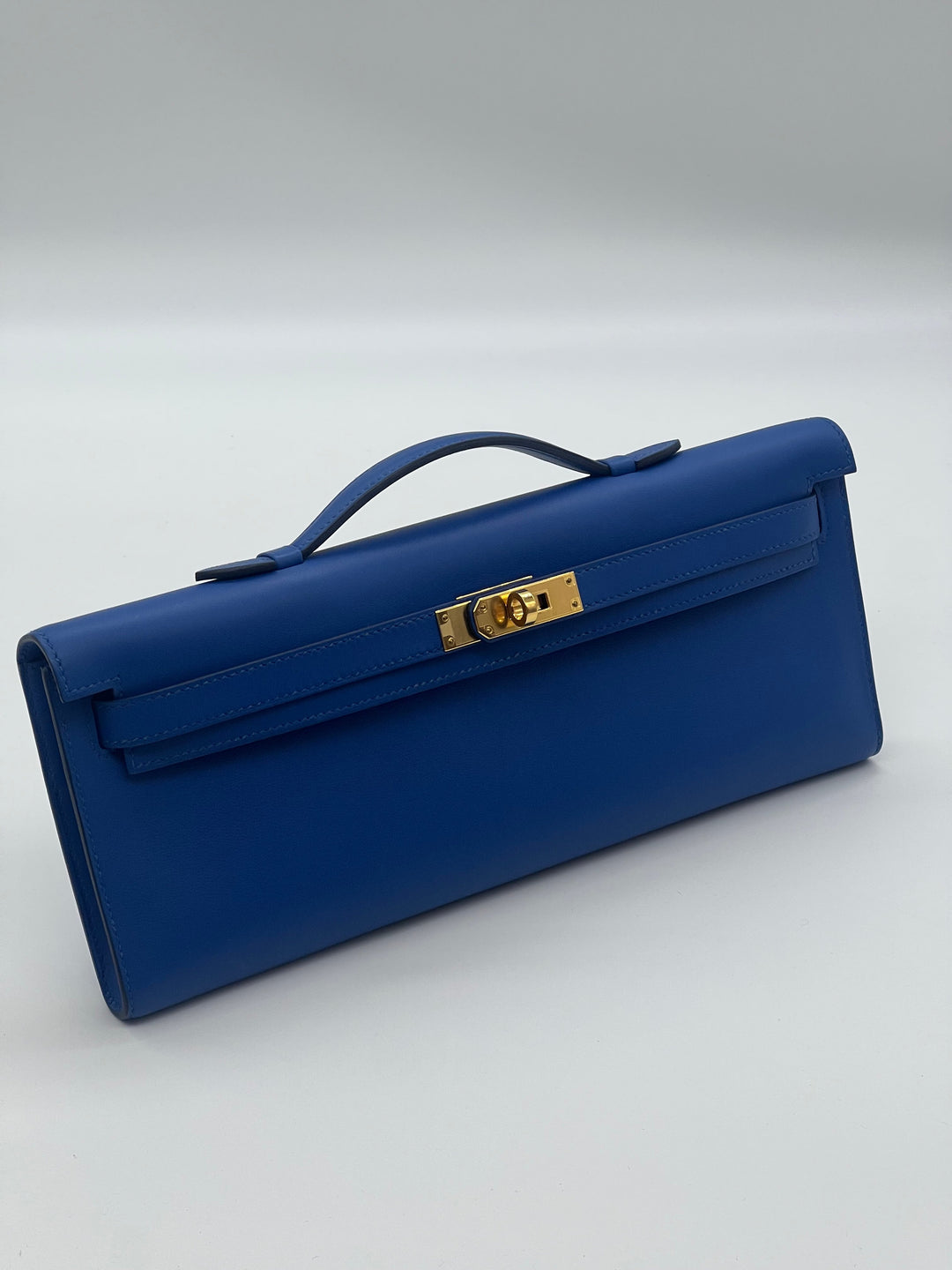 Top quality Hermes Kelly Cut Clutch Swift Calfskin Bleu France Gold Hardware