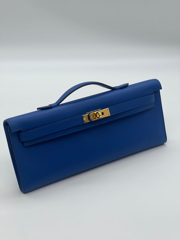 Top quality Hermes Kelly Cut Clutch Swift Calfskin Bleu France Gold Hardware