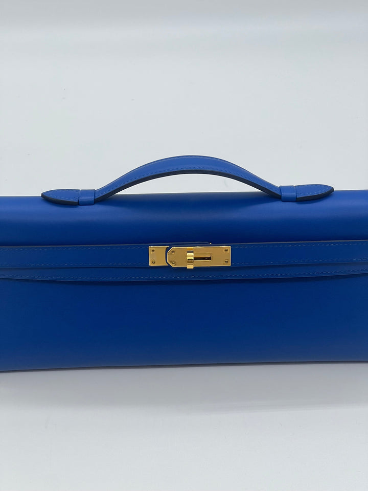 Top quality Hermes Kelly Cut Clutch Swift Calfskin Bleu France Gold Hardware