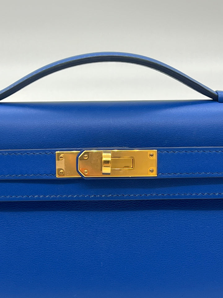 Top quality Hermes Kelly Cut Clutch Swift Calfskin Bleu France Gold Hardware