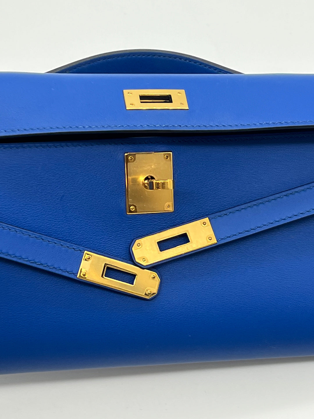 Top quality Hermes Kelly Cut Clutch Swift Calfskin Bleu France Gold Hardware
