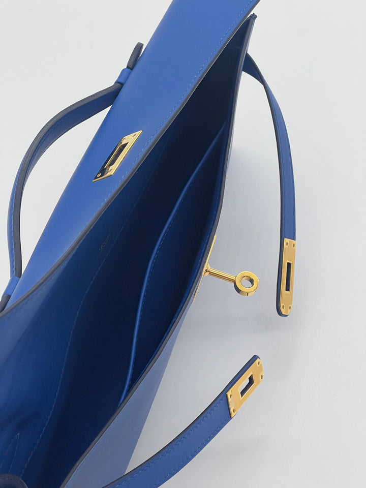 Top quality Hermes Kelly Cut Clutch Swift Calfskin Bleu France Gold Hardware