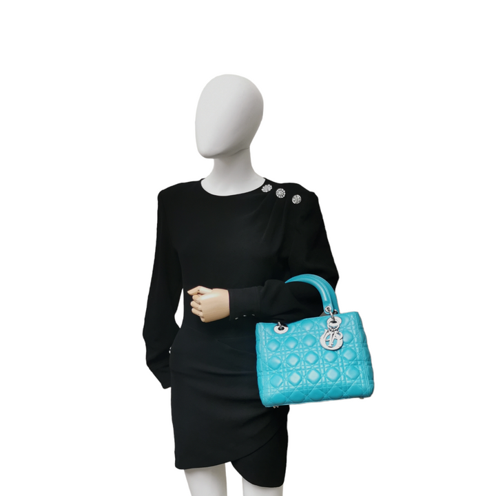 Top quality Dior Lady Top quality Dior Medium Turquoise Cannage Quilted Leather Silver