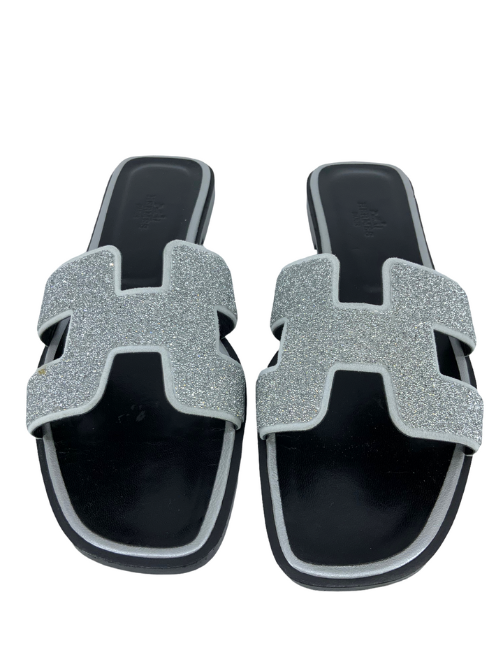 Top quality Hermes Suede Goatskin Oran Glitter Sandals Size 9