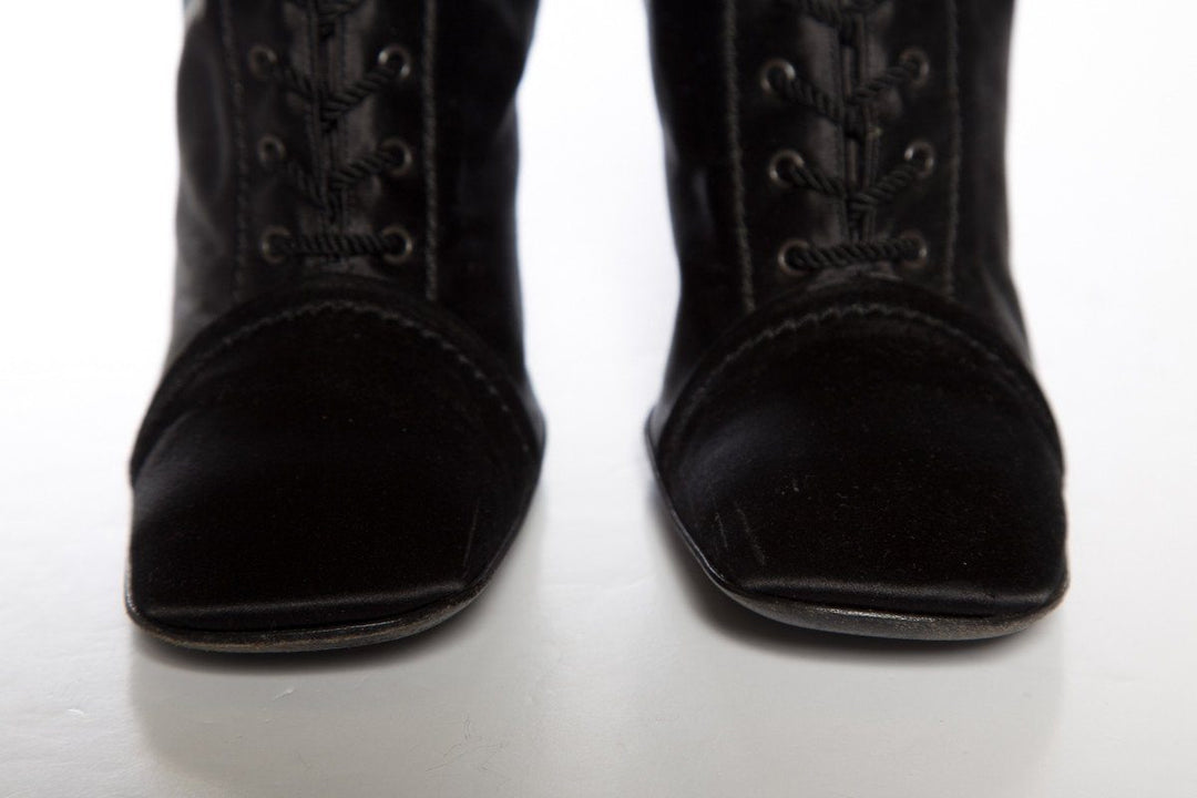 Prada Black Satin Lace-up Square Toe Boots SZ 39.5