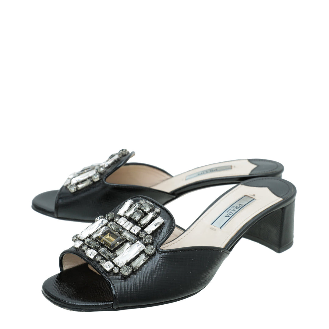 Prada Black Vernice Crystal Embellished Slide Block Mules 36