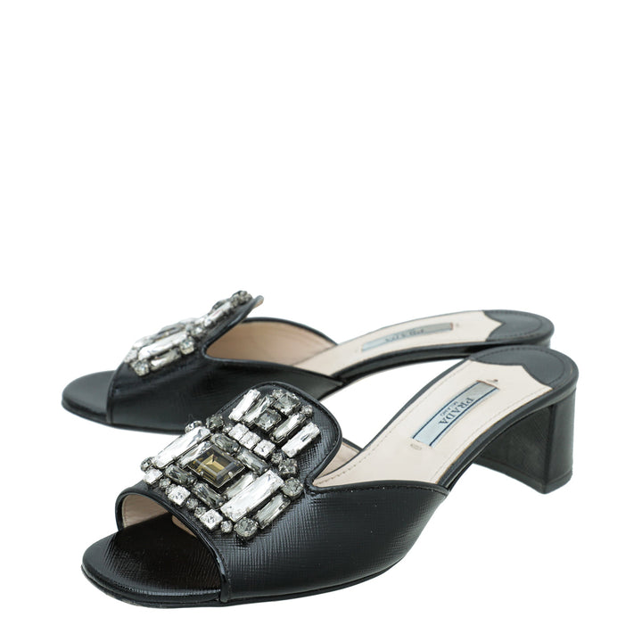 Prada Black Vernice Crystal Embellished Slide Block Mules 36