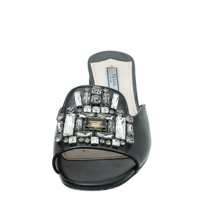 Prada Black Vernice Crystal Embellished Slide Block Mules 36